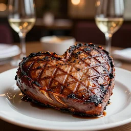 8 5 mm food photography of a large grilled heart at a restaurant with dof and bokeh and wine glasses out of focus in the background. highly detailed 8 k. intricate. lifelike. soft diffused light. nikon d 8 5 0.