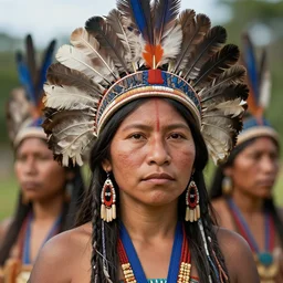 very sharp ultra detailed indigenous with feather headdress, amazon indian peoples in brazil, physically based rendering, defined features by ellen jewett, tomasz alen kopera and justin gerard