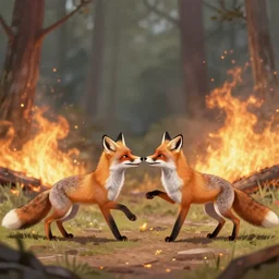 an epic scene of two foxes fighting while a forest fire rages in the background, stunning digital art, dark atmosphere, beautiful lighting, flaming trees, trending on ArtStation