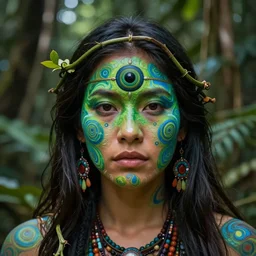 a beautiful indigenous female shaman with a third eye made of a giant ayahuasca vine in the jungle, face painted in green and blue, fractals, beautiful colors, matte painting, by christophe vacher