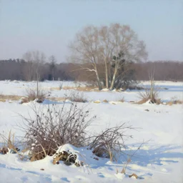 a winter landscape with shrubs and trees on a clear day, landscape painting