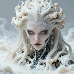hyperdetailed close up fine art portrait of a harshly dressed cyborg in an ocean of white milk with mycelium hair, highly detailed, artstation, smooth, sharp focus illustration, artstation hq. intricate, elegant. art by wlop and artgerm and greg rutkowski, alphonse mucha, dan mumford, tomokazu matsuyama, takato yamamoto
