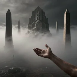 arm reaching out of thick fog, obelisks in background, intricate zdzislaw beksinski