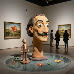 plasticine sculpture stop motion. salvador dali clay models. john craxton. visitors. gallery paintings of flower. water on floor. visitors. room with a small hole in wall. high detail. photorealistic