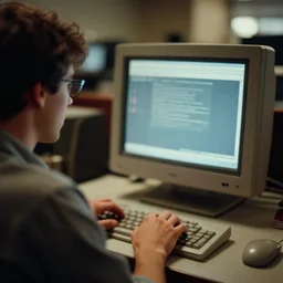 a 3 5 mm photo from the back of a man typing on a desktop computer in the 1 9 9 0's, bokeh, canon 5 0 mm, cinematic lighting, film, photography, depth of field, award - winning, retro, vintage