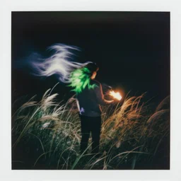 vivid washes of color. contrast of light and dark. cosmic psychedelic polaroid. It is dark all around. The wind and torchlight make dramatic whorls of shadow and light as you as you weave among the grass; blinding silver, viridescent at shoulder height, at play. night time photography.