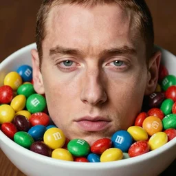 eminem's face in a bowl of m & ms, high detail