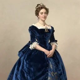 1 9 th century queen dessed in a [ [ velvet blue colored ] ] dress, illustration by ritkowski