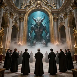 center view photography of a group of priest in circle invoking an hyper realistic lovecraft creature portrait in a huge ritual portal in a church, intricate architecture, baroque style, highly detailed, 4 k, fantasy art, glamorous composition, wide - angle shot, cinematography lighting, volumetric fog, vivid colors, realistic, octane render, unreal engine