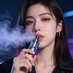 award - winning face close - up photo of the beautiful girl holding a vape in the mouth and vaping towards the camera. sigma 8 5 / 1, 4 dg, cyberpunk street clothing, ultra - hd, hcl, one point lighting, volumetric lighting, studio lightning