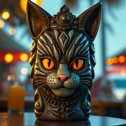 a closeup photorealistic photograph of a cat woman style tiki mug from trader vic's featuring the face of cat woman at the beach bar. bright scene. dc. fine detail. this 4 k hd image is trending on artstation, featured on behance, well - rendered, extra crisp, features intricate detail, epic composition and the style of unreal engine.