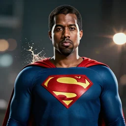 Portrait of Kanye West as superman, splash art, cinematic lighting, dramatic,  octane render, long lens, shallow depth of field, bokeh, anamorphic lens flare, 8k, hyper detailed, 35mm film grain