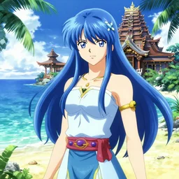 character portrait of the sapphire herald at the tropical ocean temple, hidari, color page, tankoban, 4K, tone mapping, Akihiko Yoshida.
