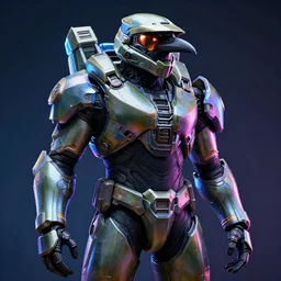 fantasy halo 2 exoskeleton armor, stylized anthropomorphic raven with a visible beak. neon, science fiction, light, portrait by donato giancola and greg rutkowski and wayne barlow. 1 9 6 9