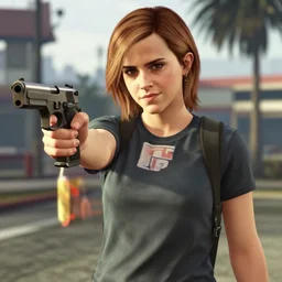 Screenshot of Emma Watson holding a pistol in GTA 5