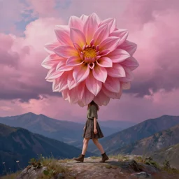 giant dahlia flower on head, girl walking on mountain, surreal photography, pink storm clouds, dramatic light, impressionist painting, digital painting, artstation, simon stalenhag