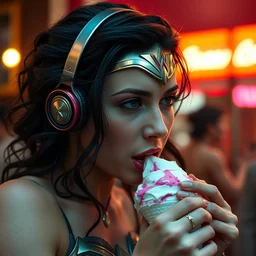 film still of wonder woman eating icecream listening to music in the new wonder woman movie, 4 k, highly detailed face, detailed eyes