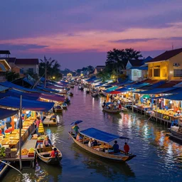a highly detailed matte painting of the vibrant vietnamese floating market at dusk, simon stalenhag, ross tran, featured on artstation, luminescent