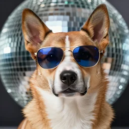 an half human anthro dog wearing shiny sunglasses,digital art,ultra realistic,ultra detailed,art by greg rutkowski,photorealistic,detailed face,disco ball in background,high quality,4k,character concept