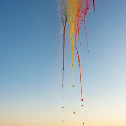 beautiful photograph of a blue sunny sky with colorful paint dripping like rain, photorealistic, golden hour, 8 k