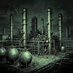 a wide and massive chemical plants with a lot of tanks and pipes. greenish color accent in a dark muted atmosphere. dark deco, total recall style, metropolis style, dark noir, expressionism, poster art, neo gothic. tim burton, bruce timm, eric radomski, francis bacon