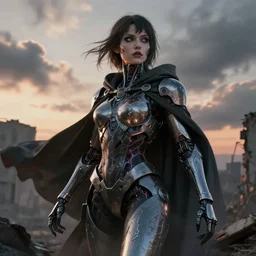 portrait of a diabolical beautiful female cyborg girl, cloak cape, adaptive armor, dynamic pose, heavy eyes to the side, ruins, glowing veins and cracks, in clouds, sunset, portrait, by gerald brom, by mikhail vrubel, by peter elson, muted colors, extreme detail, reflections, trending on artstation, 8 k