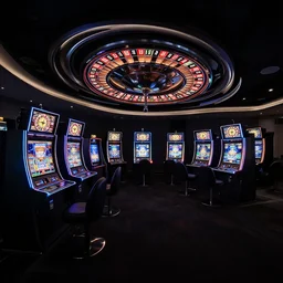 minimalistic extreme wide angle curved perspective digital art of indoor casino with alien shaped slot machines, with roulettes in the roof, by anton fadeev from nightmare before christmas