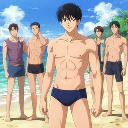 anime boy at the beach wearing a speedo by Stanley Artgerm Lau, WLOP, Rossdraws, James Jean, Andrei Riabovitchev, Marc Simonetti, and Sakimichan, trending on artstation and pixiv