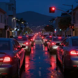 matte painting of cars waiting for traffic light in san francisco at night, taillights, puddles, reflections, hills, 1 3 5 mm, trending on artstation, unreal engine