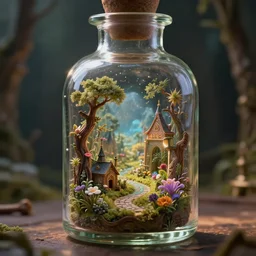a little fantasy world inside a glass bottle, fairy tale, stunning, surrounding cinematic light, hyper detailed, ornate and intricate, 4 k cinematic octane render
