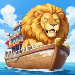 a nice looking boat with a giant lions mane on the front of it by eiichiro oda