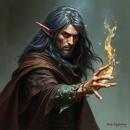 a dark haired pale elf sorcerer, concept character by bob eggleton, trending on artstation