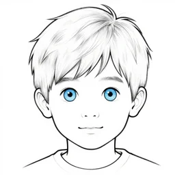 black and white line art of a cute seven year old boy with short tousled blonde hair and blue eyes no background. well composed, clean coloring book page, beautiful detailed face. coloring book line art by greg rutkowski and johanna basford and alphonse mucha