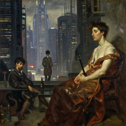 a scene taking place in a cyberpunk metropolis, oil on canvas, academic art, eclecticism, William-Adolphe Bouguereau, Henryk Siemieradzki, Alexandre Cabanel