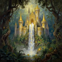 fairy palace, castle towers, waterfall of gold and gems, gnarly trees, lush vegetation, forest landscape, painted by tom bagshaw, raphael lacoste, eddie mendoza, alex ross concept art matte painting