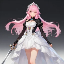 character sheet for a beautiful and cute girl in wedding dress for genshin impact by greg rutkowski, black to light pink fade hair, genshin impact style, overwatch style, sorcerer magic witch, longsword, digital art, trending on artstation, hd, 8 k, highly detailed, good lighting, beautiful, masterpiece