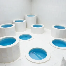 photo of a bizarre oddly-shaped interior covered by ceramic white tiles with blue shallow water everywhere on the ground