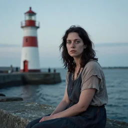 a woman is sitting by a harbour. she has dark hair and green eyes realistic. there is a lighthouse. it is twilight. there is a folk horror feeling.