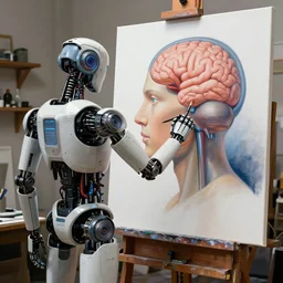 photorealistic illustration of a sci - fi robot in an artist's studio, painting a picture of a human brain on a large canvas, beeple
