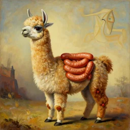 a surrealist detailed cartoonish funny painting of a llama made out of frankfurter sausages. in the style of dali and picasso