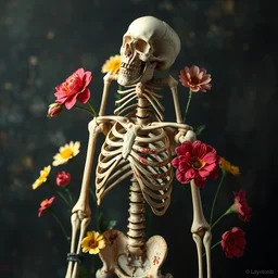 full skeleton with beutiful colours, flowers, with a ( layetonib ) watermark on it