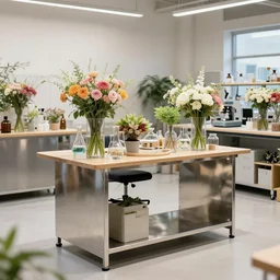 flower shop by science labotory made of stainless steel and wood