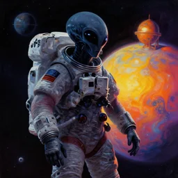 a dark space alien is encountered during a space walk on planet Enduria b, Technicolor, complementary colors, in the style of Wayne Barlowe
