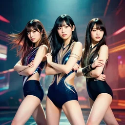 unbelievably beautiful, perfect, dynamic, epic, cinematic 8 k hd movie shot, three beautiful cute young j - pop idols actresses in japanese girl band, posing together in leotards. motion, vfx, inspirational arthouse, high budget, hollywood style, at behance, at netflix, with instagram filters, photoshop, adobe lightroom, adobe after effects, taken with polaroid kodak portra