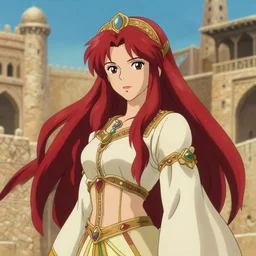 an ( ( ( anime ) ) ) still of an arabian princess with long red hair, dressed as arabian nights, confident looking, finely detailed features, perfect art, at an ancient city, gapmoe yandere grimdark, trending on pixiv fanbox, painted by greg rutkowski makoto shinkai takashi takeuchi studio ghibli, akihiko yoshida