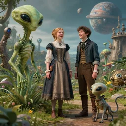 detailed, sharp, a girl and a boy standing next to some alien plants, looking happy, wearing 1840s era clothes, their small pet alien creature is standing nearby, in a park on an alien planet, steampunk, extremely highly detailed, hyperrealistic, still from a sci fi movie, 8k, HD, good lighting