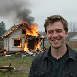 a photo of a house burning down in the background and a man with an eerie smile in the foreground,
