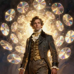 swarm of glowing iridescent discs surrounding a victorian man, by greg rutkowski
