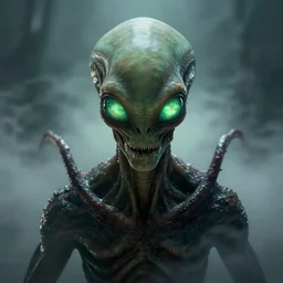 alien with long forehead. green semitransparant cloudy lightly glowing eyes. high quality photorealistic octane render 4 k, hyperrealism, volumetric fog, scary, unnerving, serious, dark, fear, concept art of chris foss, trending on artstation, cgstation, symmetric, horror, insectoid, reptiloid, alien features, nonhuman monster
