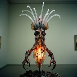 a perfect photograph of an ornately decorated squid sculpture of a haunted man, vile saliva jets erupting all over his head and dripping with semi molten plastic tubes over his illuminated, pathetic, purulent ragged body. 3 5 mm film, studio lighting and gallery quality